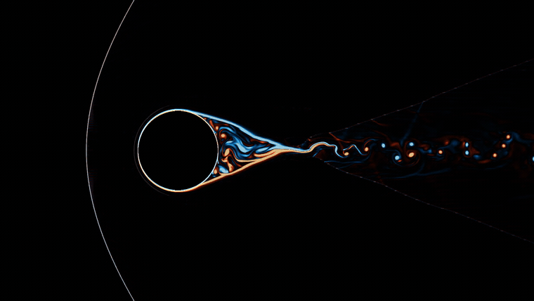 Mach 2 bow shock and vortical wake over an immersed cylinder, vorticity in the icefire colormap